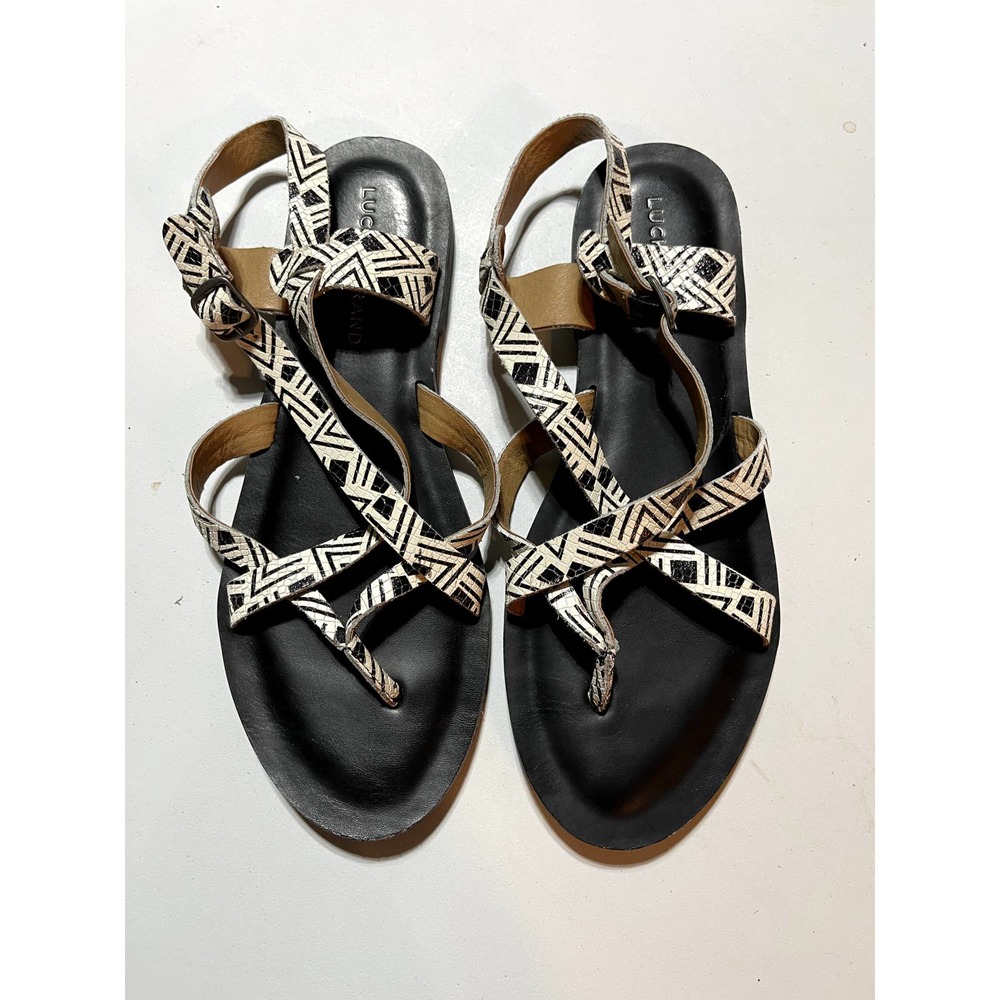 Lucky Brand Black and White Patterned Criss Cross‎ Flat Sandals Size 8.5M